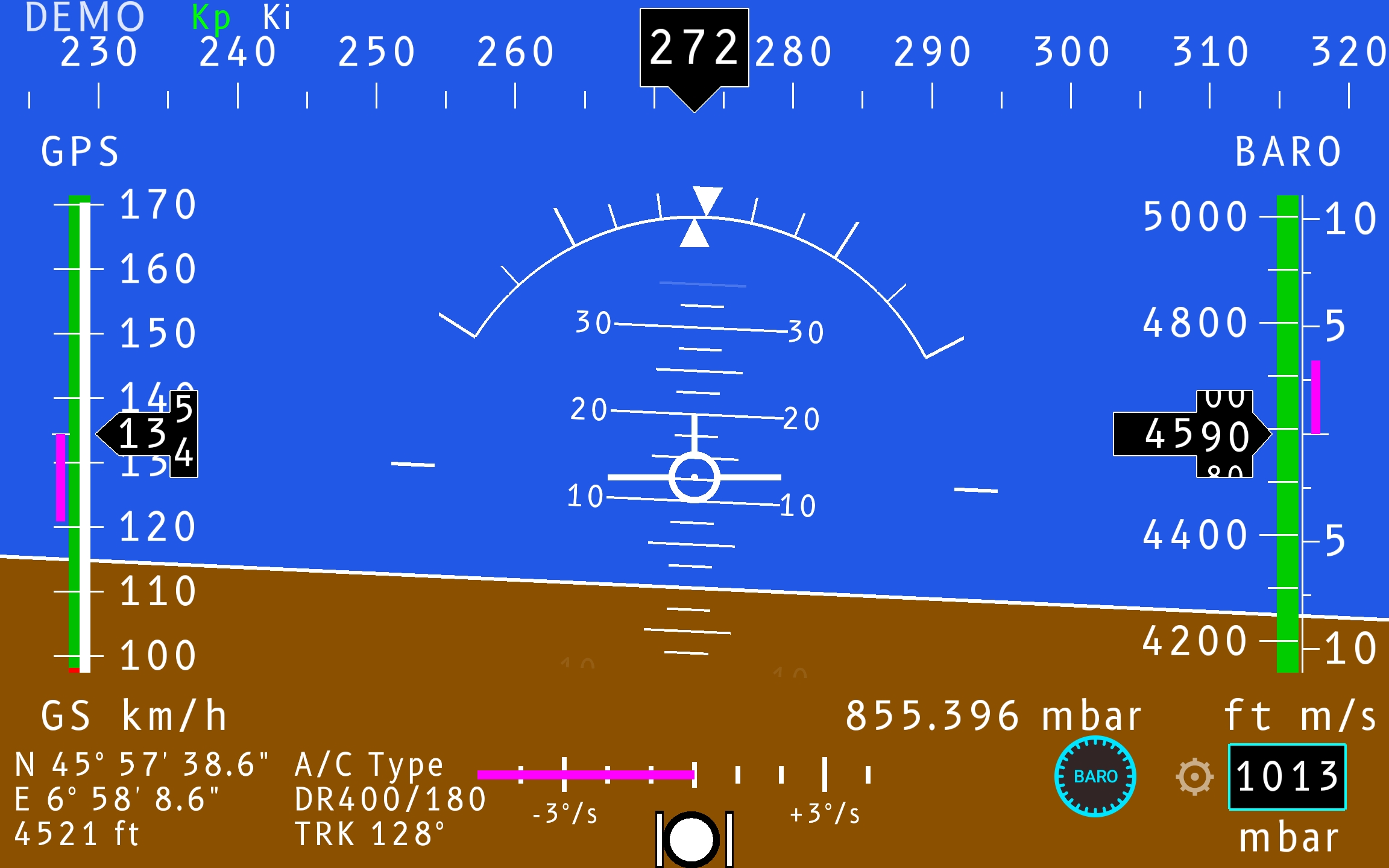 FlySys PFS in demo mode near Chamonix and Mont Blanc — heading 272°, GS 134 km/h, 4590 ft