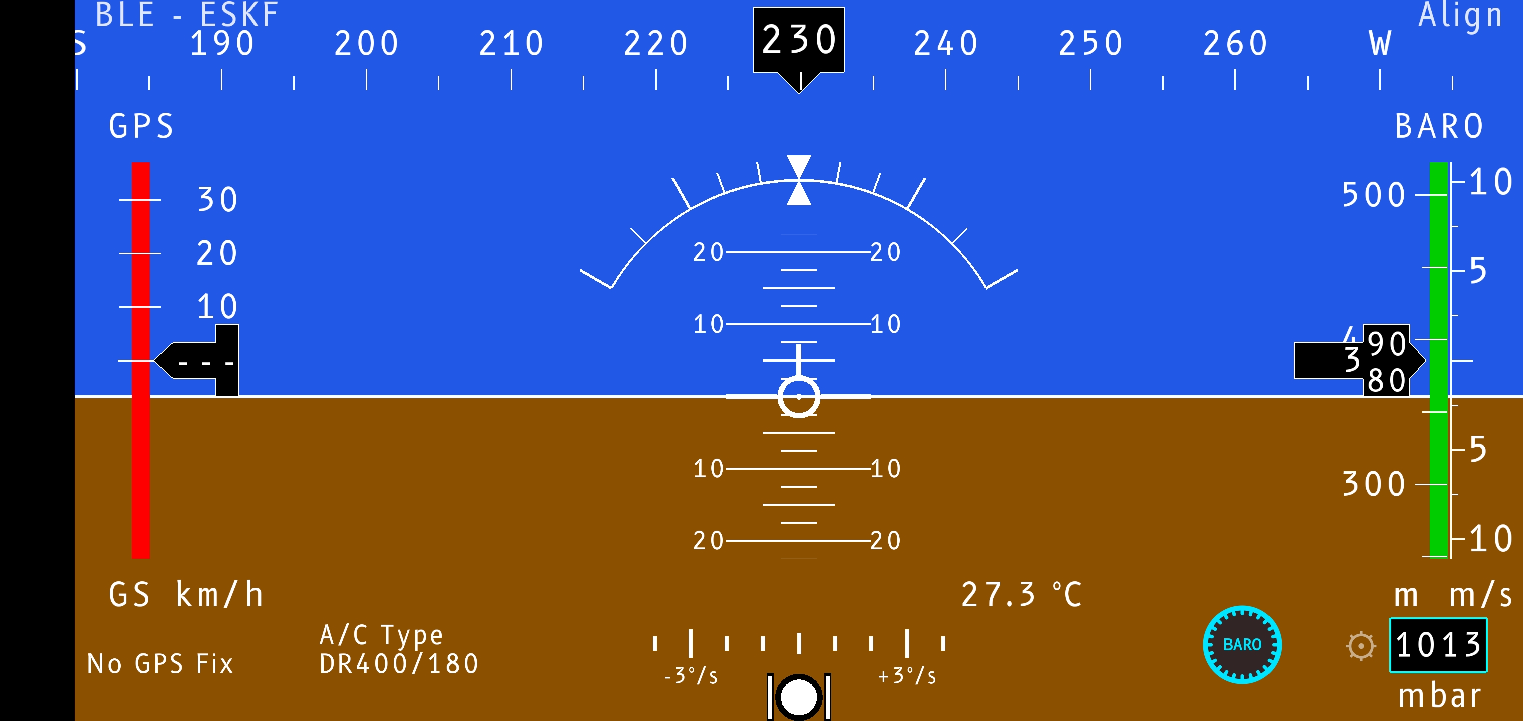FlySys PFS with wings level, horizon centred, heading 230°