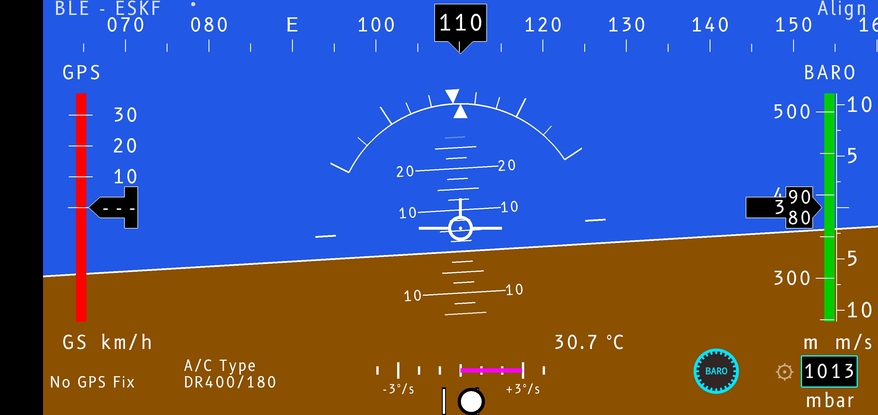 FlySys PFS in a right turn, slip ball deflected — turn-rate and slip indicators active